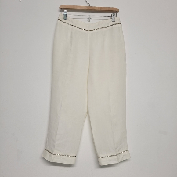 Escada Linen Beautiful Cream Ankle Pants with Embellished Crystals Trim - Picture 6 of 12